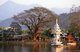 Thailand: A small pavilion with images of King Bhumibol (Rama IX) in the middle of Chong Kham (Jong Kham) Lake, Mae Hong Son, northern Thailand